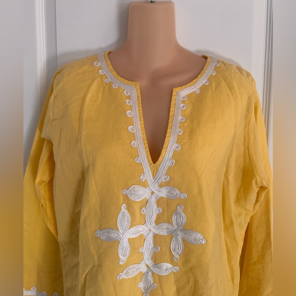 Barbara Gerwit Yellow With White Embroidery Resort Wear Tunic Top Nwot